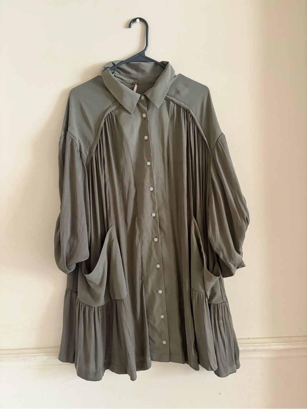 Free People Olive Green Pleated Button-Front Tunic